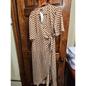 Silk & Salt Womens Brown Geometric Chain Link Wrap Midi Dress NWT Large